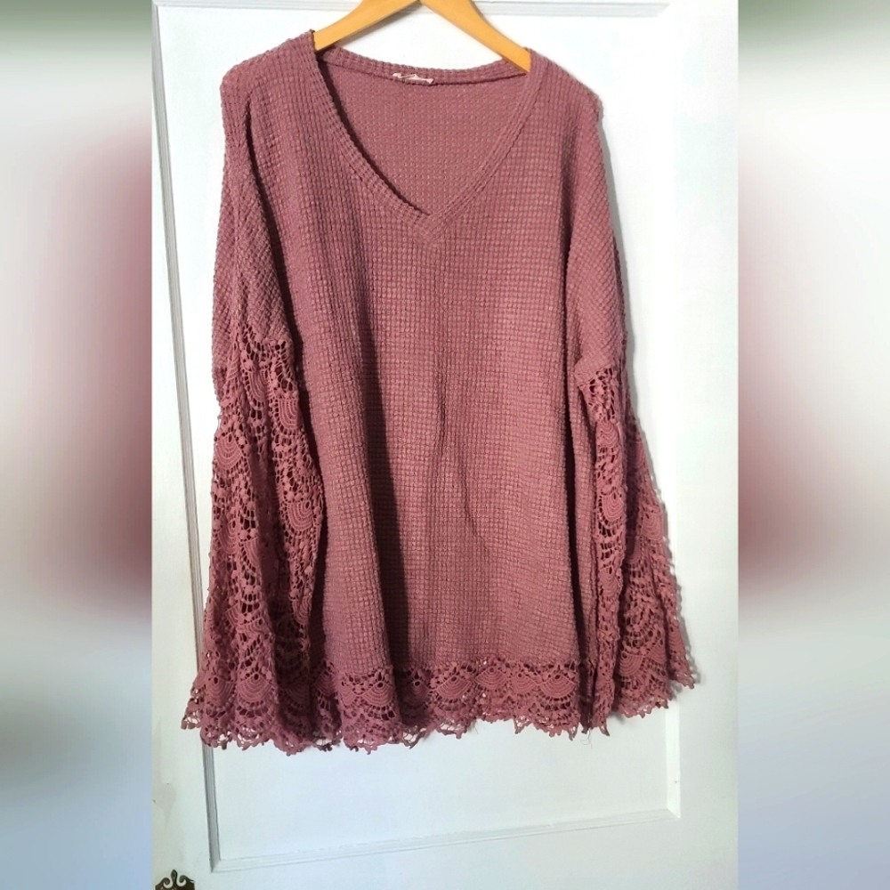 Three Bird Nest-  Liv Mauve Purple-Lace Bell Sleeve Tunic- Oversized Medium
